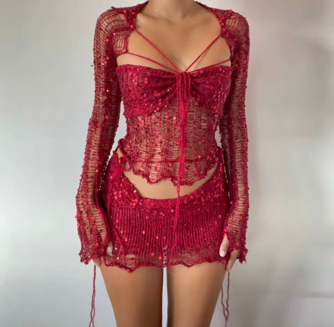 Morvani™ Stardust Sequin Mesh 2-Piece Set (Tie-Front Top + Mini Skirt)