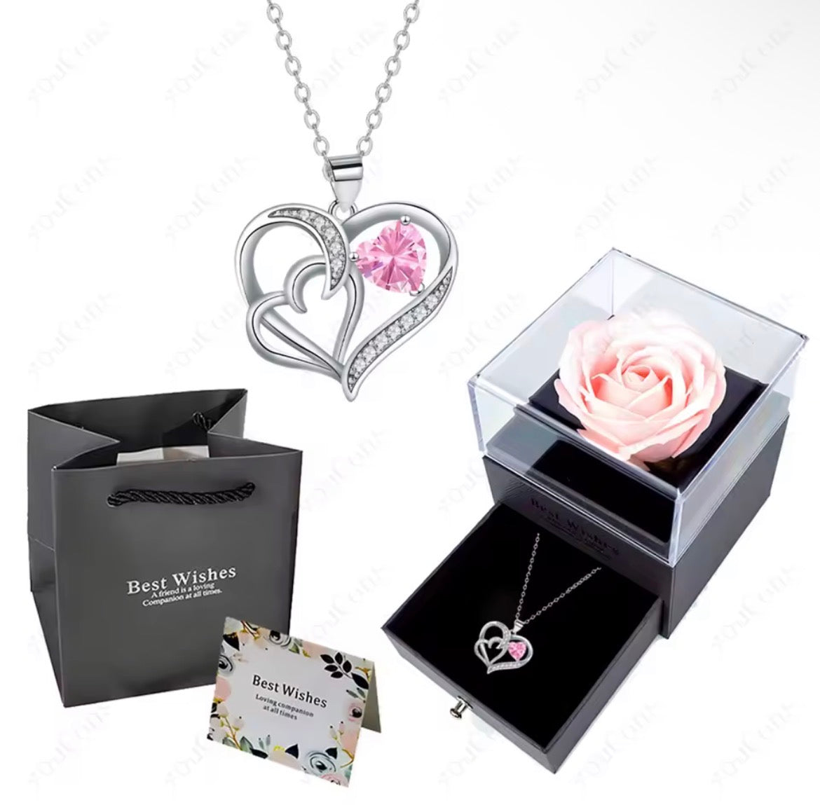 Morvani™ Heart Pendant Necklace & Rose Gift Box Set – Romantic Gift for Her (Rose + Gift Bag + Card)