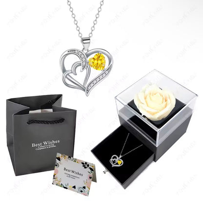 Morvani™ Heart Pendant Necklace & Rose Gift Box Set – Romantic Gift for Her (Rose + Gift Bag + Card)