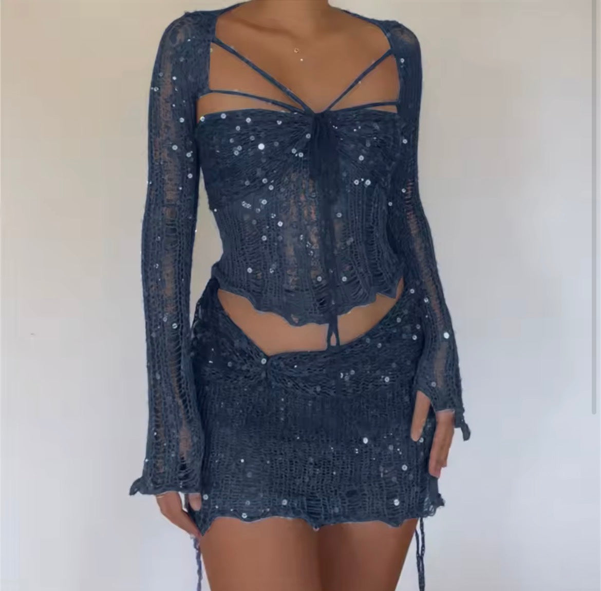 Morvani™ Stardust Sequin Mesh 2-Piece Set (Tie-Front Top + Mini Skirt)