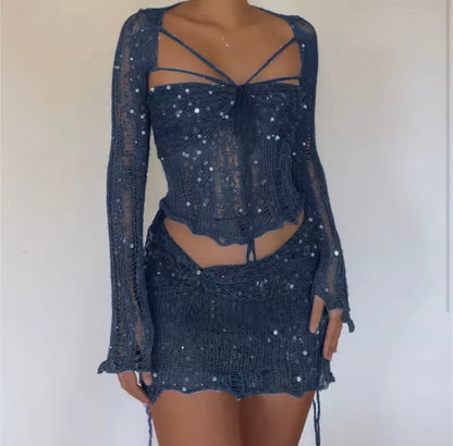 Morvani™ Stardust Sequin Mesh 2-Piece Set (Tie-Front Top + Mini Skirt)