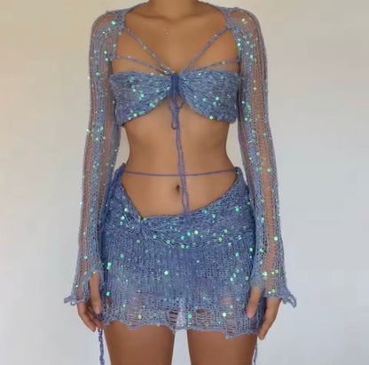 Morvani™ Stardust Sequin Mesh 2-Piece Set (Tie-Front Top + Mini Skirt)