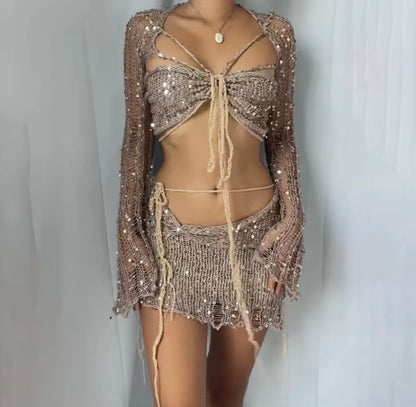 Morvani™ Stardust Sequin Mesh 2-Piece Set (Tie-Front Top + Mini Skirt)