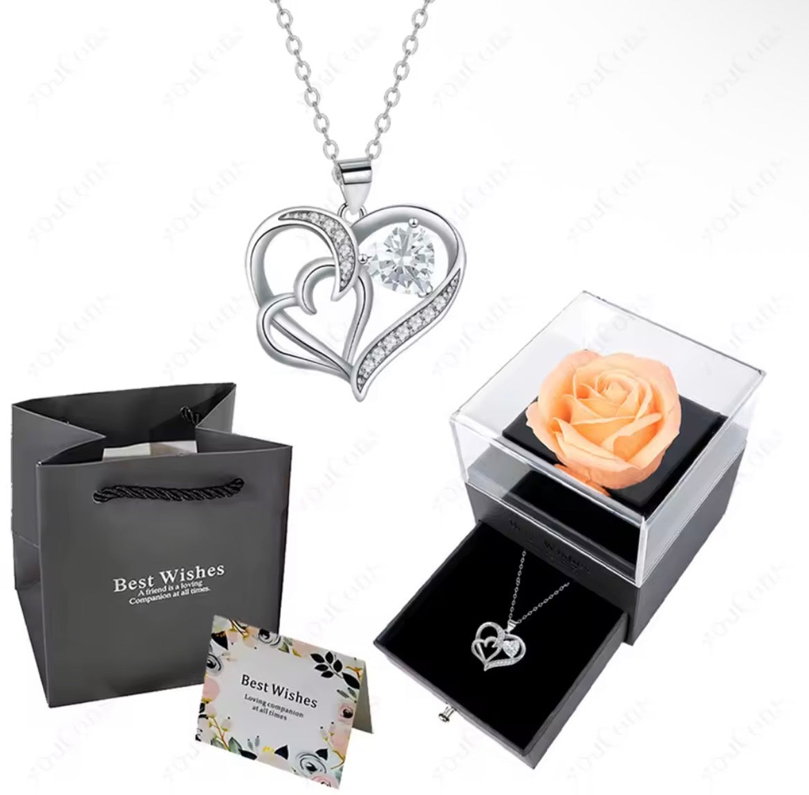 Morvani™ Heart Pendant Necklace & Rose Gift Box Set – Romantic Gift for Her (Rose + Gift Bag + Card)