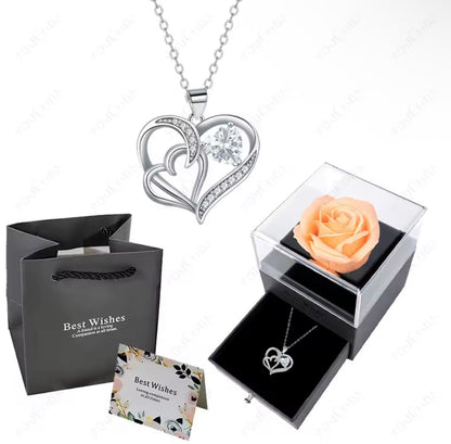 Morvani™ Heart Pendant Necklace & Rose Gift Box Set – Romantic Gift for Her (Rose + Gift Bag + Card)