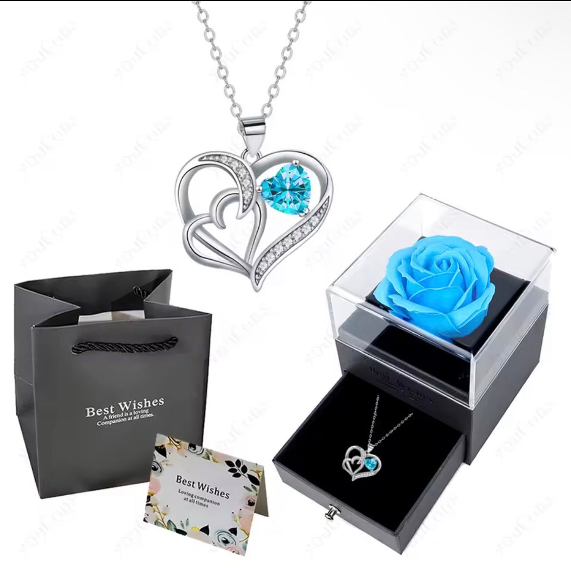 Morvani™ Heart Pendant Necklace & Rose Gift Box Set – Romantic Gift for Her (Rose + Gift Bag + Card)