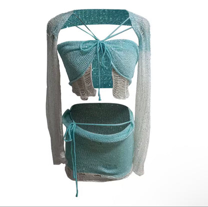 Morvani™ Stardust Sequin Mesh 2-Piece Set (Tie-Front Top + Mini Skirt)