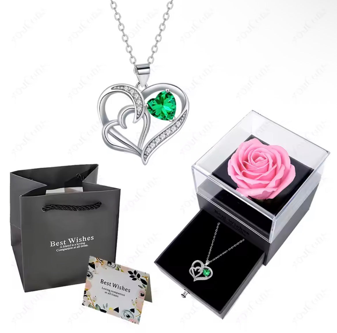 Morvani™ Heart Pendant Necklace & Rose Gift Box Set – Romantic Gift for Her (Rose + Gift Bag + Card)