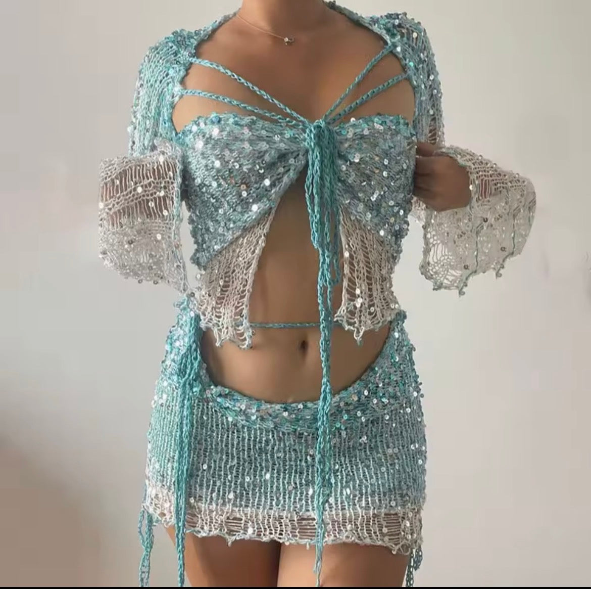 Morvani™ Stardust Sequin Mesh 2-Piece Set (Tie-Front Top + Mini Skirt)