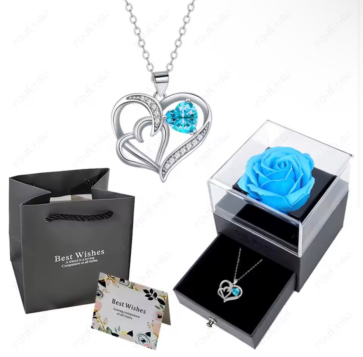 Morvani™ Heart Pendant Necklace & Rose Gift Box Set – Romantic Gift for Her (Rose + Gift Bag + Card)