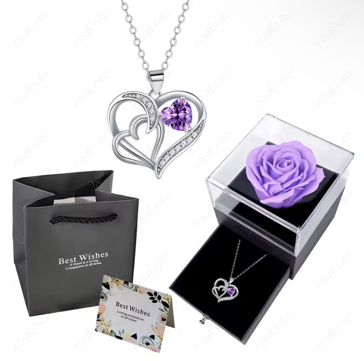 Morvani™ Heart Pendant Necklace & Rose Gift Box Set – Romantic Gift for Her (Rose + Gift Bag + Card)