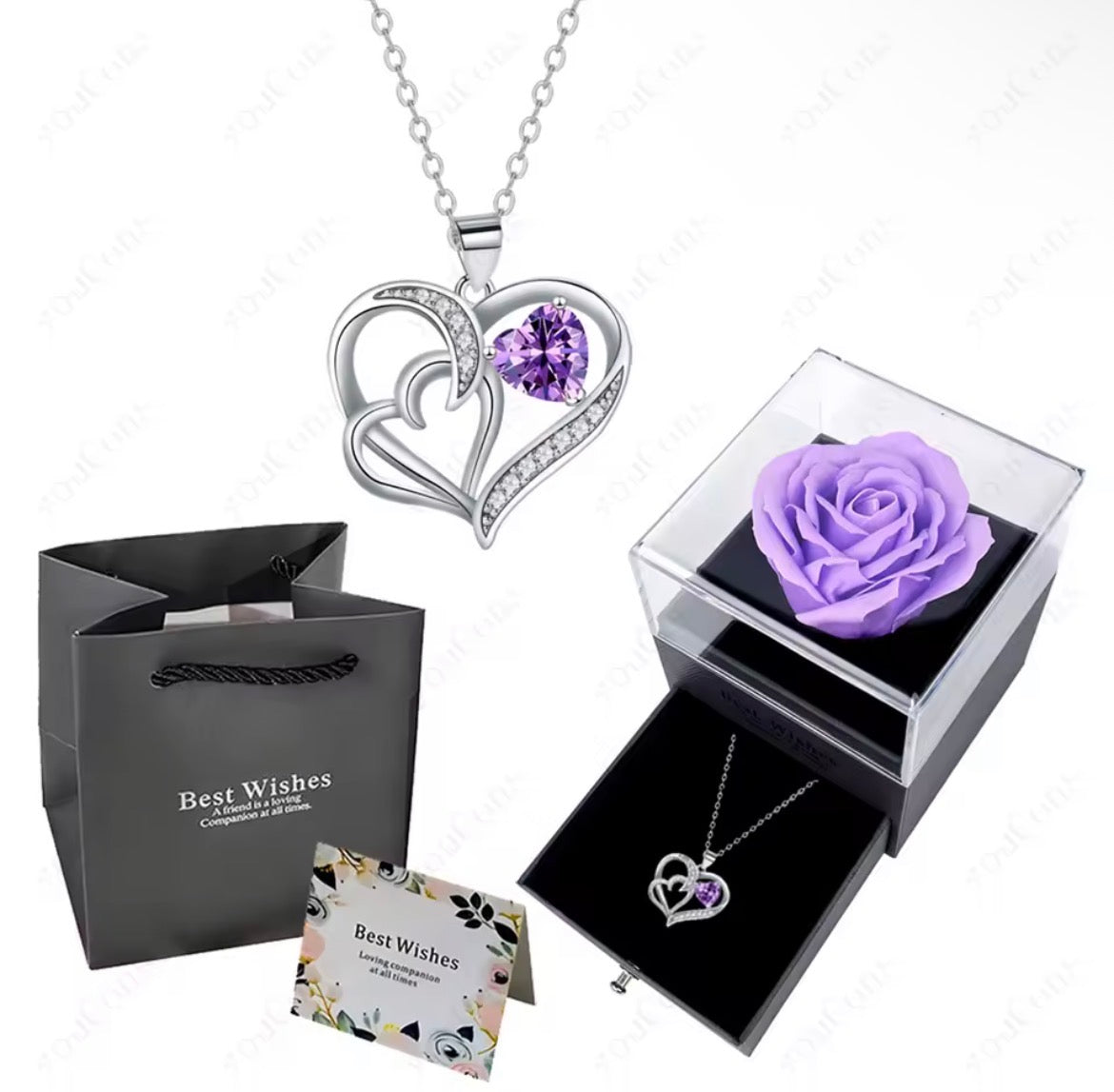 Morvani™ Heart Pendant Necklace & Rose Gift Box Set – Romantic Gift for Her (Rose + Gift Bag + Card)