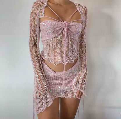 Morvani™ Stardust Sequin Mesh 2-Piece Set (Tie-Front Top + Mini Skirt)