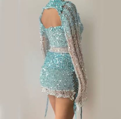 Morvani™ Stardust Sequin Mesh 2-Piece Set (Tie-Front Top + Mini Skirt)