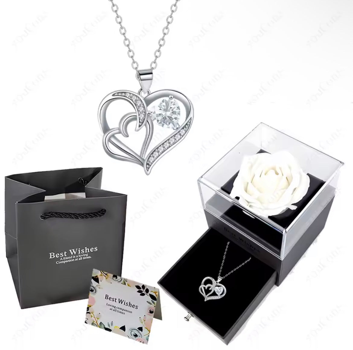 Morvani™ Heart Pendant Necklace & Rose Gift Box Set – Romantic Gift for Her (Rose + Gift Bag + Card)