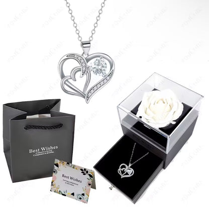 Morvani™ Heart Pendant Necklace & Rose Gift Box Set – Romantic Gift for Her (Rose + Gift Bag + Card)